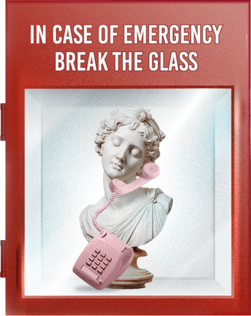 A glass emergencybox with the head statue of David calling on a retro phone.