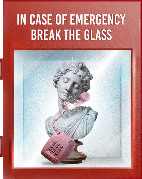 A glass emergencybox with the head statue of David calling on a retro phone.