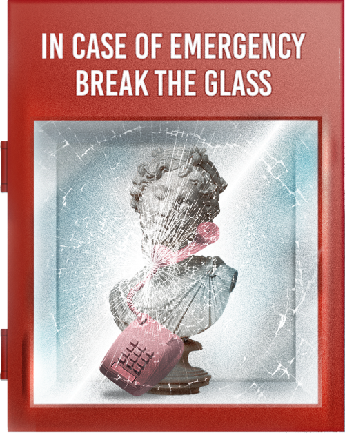 A glass emergencybox with the head statue of David calling on a retro phone.