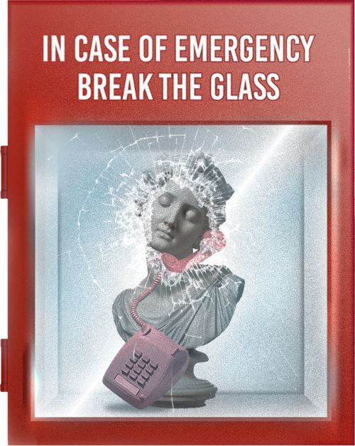 A glass emergencybox with the head statue of David calling on a retro phone.